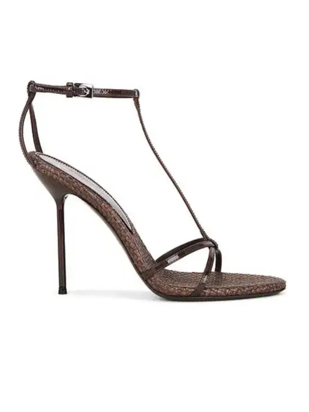 Paris Texas Lidia T-Strap Sandals Brown Woven Stilettos shoes Revolve 39 9